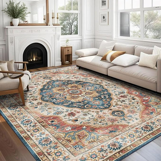 vivorug 3x5 Rug, Small Area Rug for Living Room, Bedroom, Kitchen, Machine Washable Non-Slip Throw Rug, Vintage Carpet for Entryway Nursery Coffee Table - Durable (Beige)