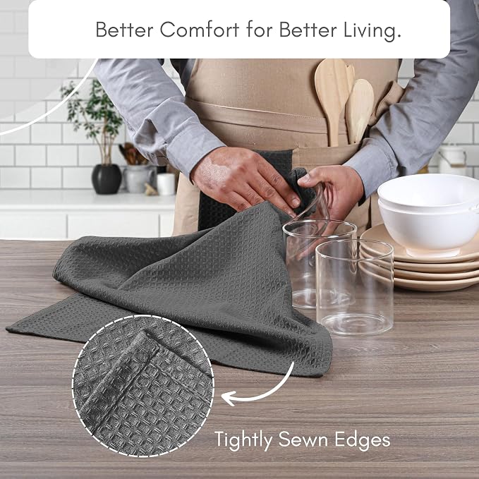 TWINY threads Grey Waffle Weave Dish Towels, 6 Pack, 16x26 Inches, Premium 100% Cotton Kitchen Linen Set, Absorbent Tea Cloths for Cleaning, Drying Dishes, Machine Washable, Durable, Quick Dry, Gray