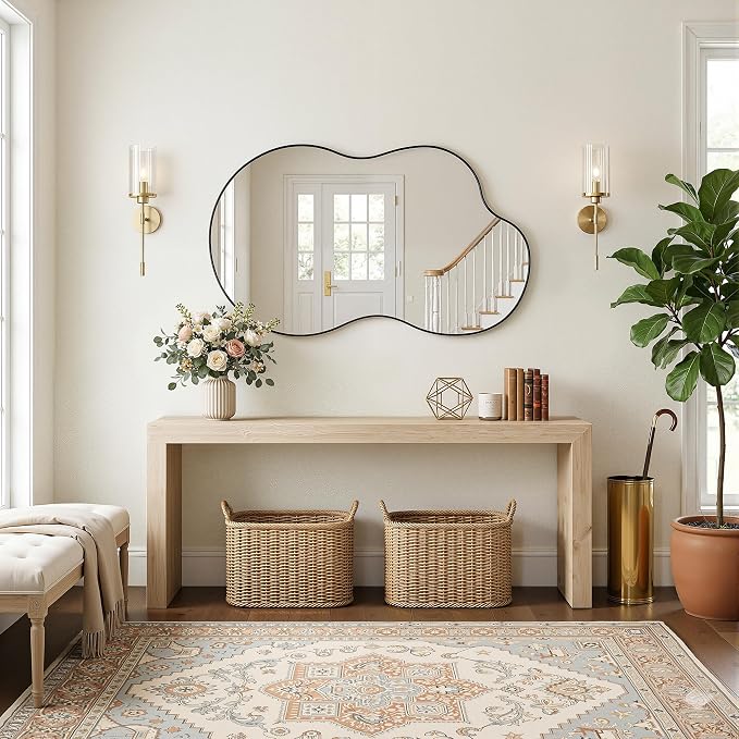 Irregular Wall Mirror, 26"x40" Asymmetrical Mirror with Metal Frame, Modern Unique Decorative Mirrors for Bathroom, Wall Decor, Entryway, Living Room, Black