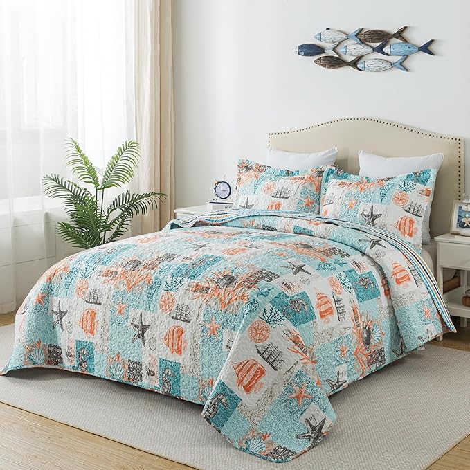 HoneiLife King Quilt Bedding Set - 3 Pieces Coastal Quilt Sets Beach Bedspreads Ocean Coverlets Lightweight Bed Cover Summer Quilts King Size