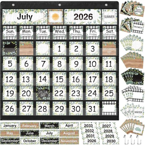 Fulmoon Classroom Calendar Pocket Chart Set - Seasonal & Weather Bulletin Board | Black & Eucalyptus