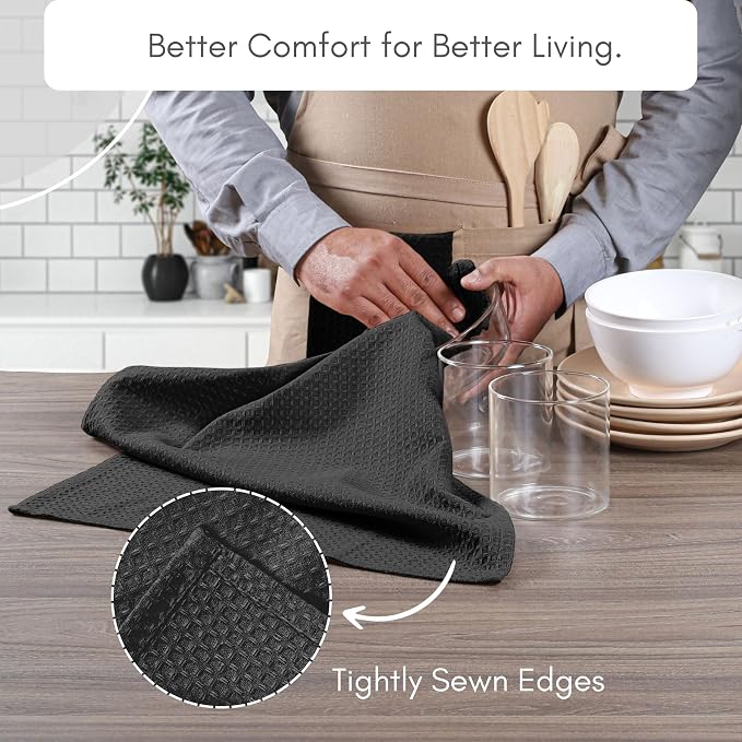 TWINY threads Kitchen Towel Waffle Weave, 12 Pack, 16x26 Inch, Premium Cotton Dish Rags, Absorbent Quick Drying Linen Set for Home, Restaurant Kitchens, Reusable Wash Cloths for Drying Dishes, Black