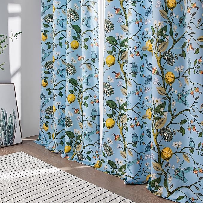 Vintage Floral Curtains 90 Inches Long for Living Room Bedroom Luxury Whimsical Lemon Hummingbird Patterned Waverly Mid Century Colorful Pinch Pleated Blackout Drapes 2 Panels，Light Blue