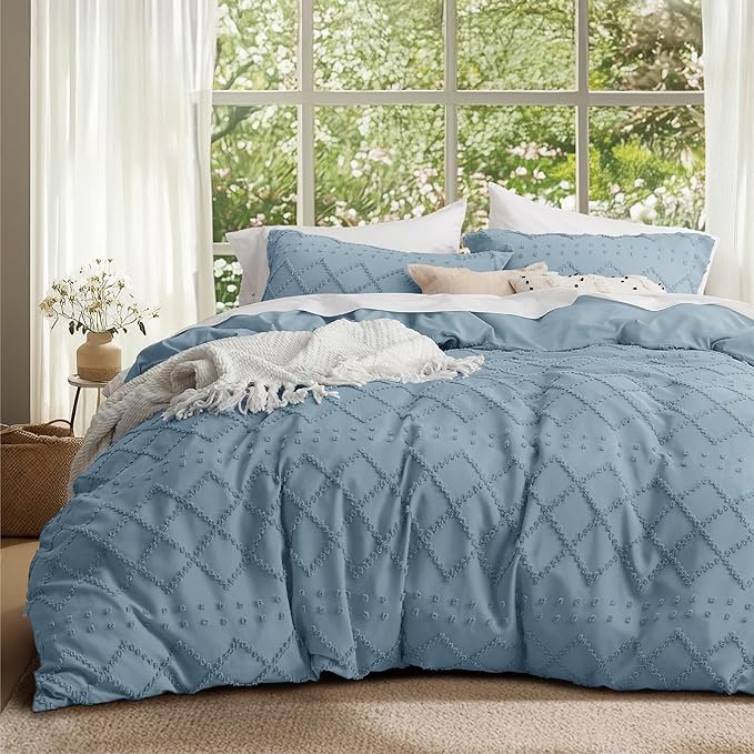 Bedsure Boho Duvet Cover Full Size - Mineral Blue Breathable & Soft Boho Bedding, Machine Washable Comforter Cover for All Seasons, Includes 1 Duvet Cover 80"x90" with 2 Pillow Shams & Zipper Closure