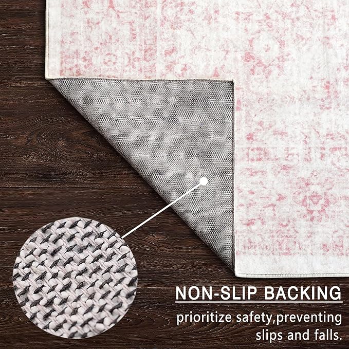 3x5 Rug, Small Area Rug for Living Room, Bedroom, Kitchen, Machine Washable Non-Slip Throw Rug, Vintage Distressed Floral Carpet for Entryway Nursery Dinner Room - Durable (Pink)