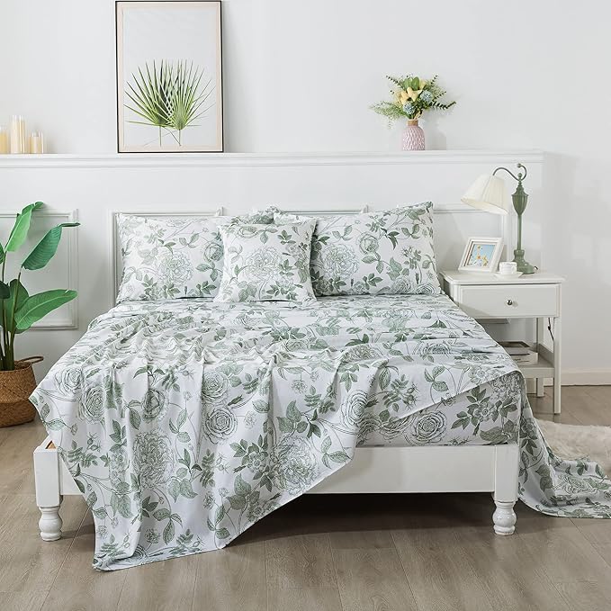 FADFAY Sheets Set Queen Vintage White and Green Floral Bedding Elegant Peony Sheets Set Shabby Rose Farmhouse Bedding 100% Egyptian Cotton 800 Thread Count Deep Pocket Fitted Sheet 4Pcs, Queen Size