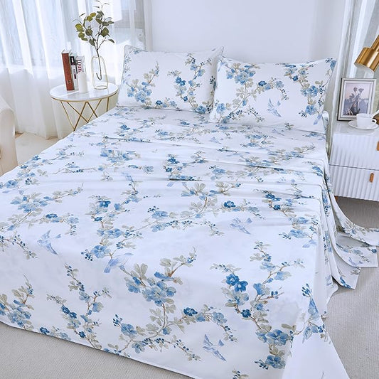 Brandream Queen Size Sheet Set Luxury Blossom Floral Birds Bedding Collections 800 Thread Count 100% Egyptian Cotton Deep Pocket, 4 Piece White Blue Botanical Branches Flower