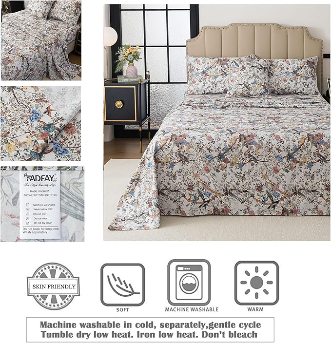 FADFAY Sheets Set Cal King Shabby Botanical Bird Floral Bed Sheets Vintage Mocha Mousse Branches Bedding Collections 100% Egyptian Cotton Breathable Soft 17.7" Deep Pocket 4Pcs, California King Size