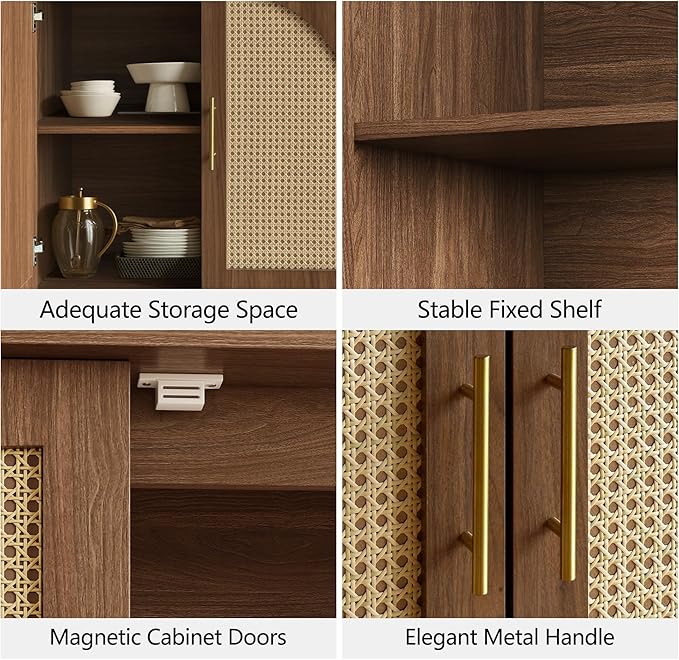 FORTUNETEC Sideboard Buffet Cabinet with Storage Set of 2, Modern Accent Cabinet with Rattan Arched Doors, Modular Media Console, Boho Credenza for Living Room Kitchen Dining Room Entryway, Walnut