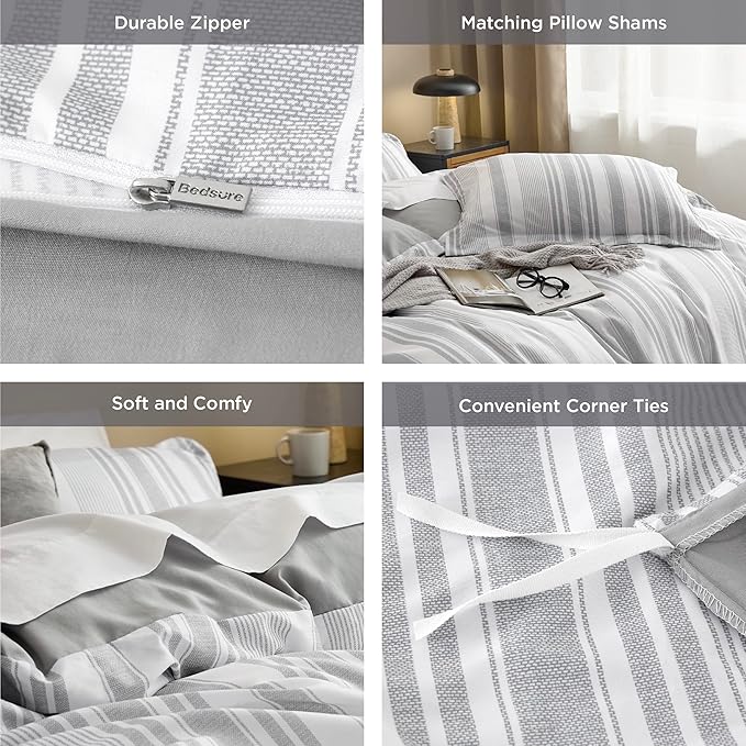 Bedsure Duvet Cover King Size - Striped Reversible Duvet Cover Set with Zipper Closure, 3 Pieces Grey Bedding Set with 8 Corner Ties and 2 Pillow Shams 20"x36"