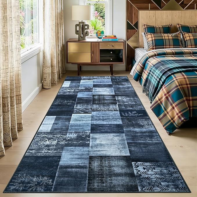 Tepook Modern Runner Rug for Living Room, 2x6 Washable Rugs for Bedroom Hallway, Geometric Patchwork Runner Rug Non-Slip Indoor Throw Carpet for Entryway Kitchen Office Home Decor, Blue