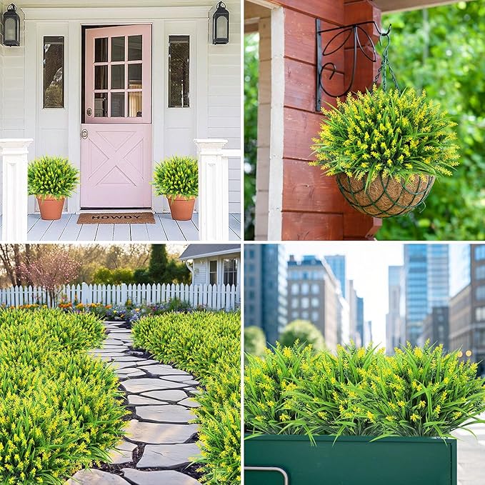 Ouddy Decor 24 Bundles Artificial Flowers for Outdoors, Fake Lavender Flowers Monkey Grass Faux Plastic Plants Shrubs UV Resistant for Porch Garden Window Box Office Home Decorations, Yellow