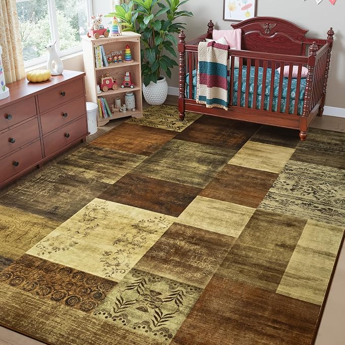 Tepook Modern Area Rug for Living Room, 6x9 Geometric Large Rugs for Bedroom, Washable Patchwork Rug Indoor Non-Slip Throw Carpets for Dining Room Office Farmhouse Home Decor, Brown