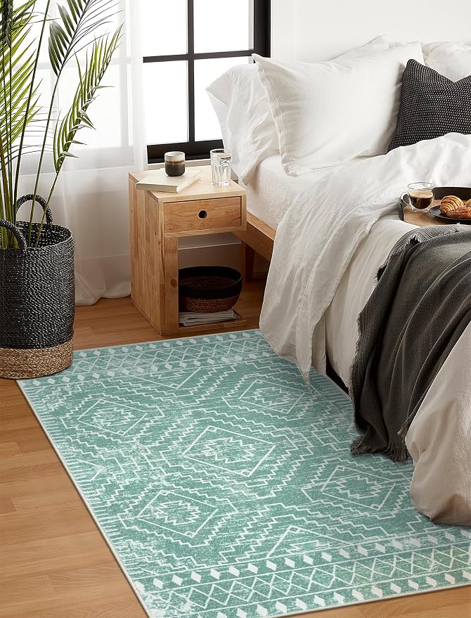 Wonnitar Moroccan 3x5 Area Rug, Sage Green Rug for Bedroom, Washable Farmhouse Kitchen Rug Non-Slip Living Room Throw Mat, Soft Non-Shedding Small Carpet for Bathroom Dorm Office (Mint Green,3'x5')