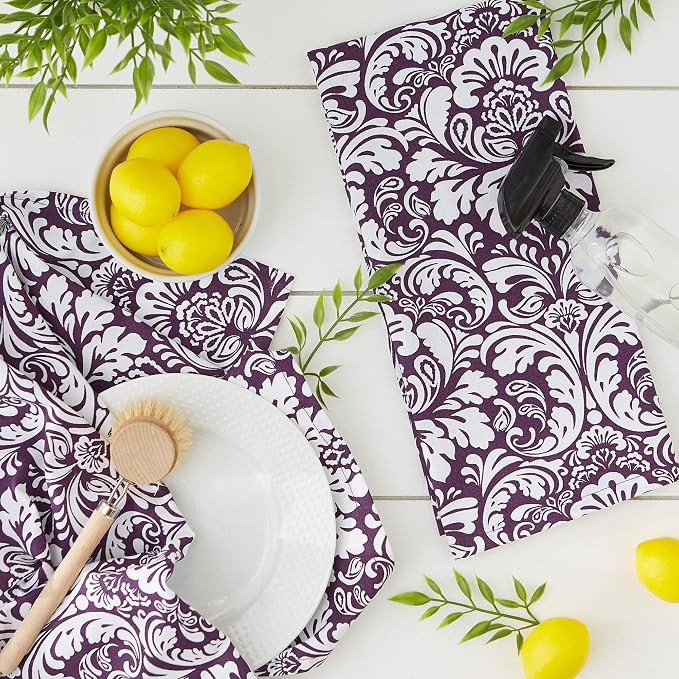 DII Cotton Dish Towel Set Damask Print, 18x28, Eggplant, 2 Count