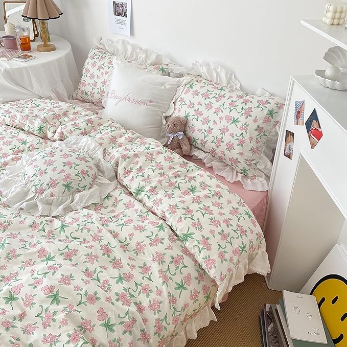 VM VOUGEMARKET White Ruffle Comforter Set Twin Pink Flower Bed Comforter with Ruffle Edge Romantic Princess Style Bedding Set(3pcs,Twin XL)