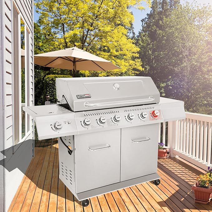 Royal Gourmet GA6402S 6-Burner Propane Gas Grill with Side Burner and Warming Rack, 74,000 BTUs, Cabinet Style Outdoor BBQ Grill for Barbecue Grilling & Backyard Cooking, Silver