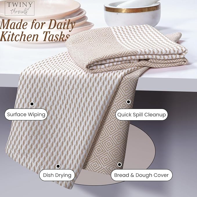 TWINY threads Kitchen Dish Towel Diamond Weave, Large Premium 100% Cotton Kitchen Linen Set, Absorbent Dish Rags for Drying Dishes, Quick Drying Washable Reusable, 4 Pack, 18x26 Inch, Beige