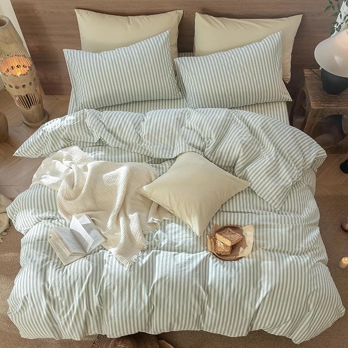 MooMee Striped Duvet Cover Set 100% Washed Cotton Linen Like Textured Breathable Durable Soft Comfy (Sage Green White Classic Stripes, Full 80"x90")