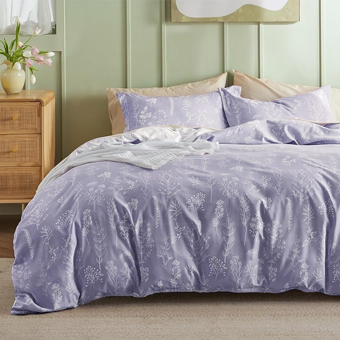 Bedsure Duvet Cover Queen Size - Reversible Lilac Purple Queen Duvet Cover Set with Zipper Closure, 3 Pieces Cute Floral Patterned Bedding Set with 8 Corner Ties and 2 Pillow Shams
