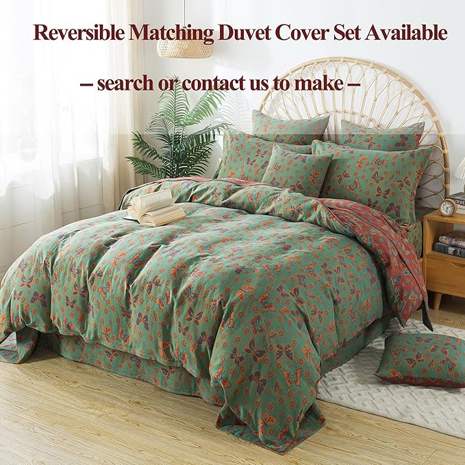 FADFAY Butterfly Sheets Set King Vintage Green Red Floral Bedding Shabby Farmhouse Bedding Super Soft Washed Double -Layer Muslin Sheets 100% Cotton Deep Pocket Fitted Sheet 4Pcs, King Size