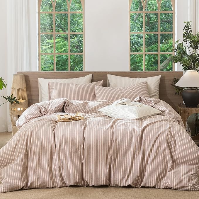 MooMee Striped Duvet Cover Set 100% Washed Cotton Linen Like Textured Breathable Durable Soft Comfy (Orange White Wide Stripes, Full 80"x90")