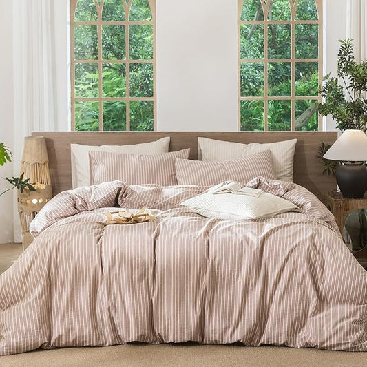 MooMee Striped Duvet Cover Set 100% Washed Cotton Linen Like Textured Breathable Durable Soft Comfy (Orange White Wide Stripes, Full 80"x90")