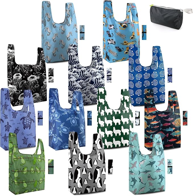 BeeGreen Heavy Duty Reusable Grocery Bags Shopping Bags for Groceries - 12 Pack Foldable Tote Bag Large Travel Cloth Bags with Handles - Reusable Gifts Holiday Bags Gift Bag for Women Animal Lover
