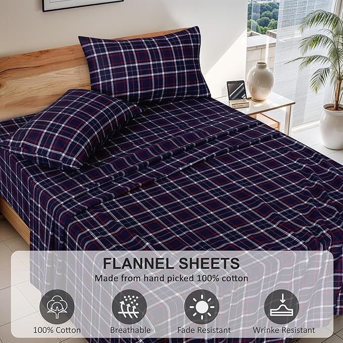 RUVANTI Flannel Sheets King Size - 100% Cotton Brushed King Size Sheets Set - Deep Pockets 16 Inches Bed Sheets - All Seasons Breathable & Extra Soft - Warm & Cozy, 4 Piece, Yankees Blue