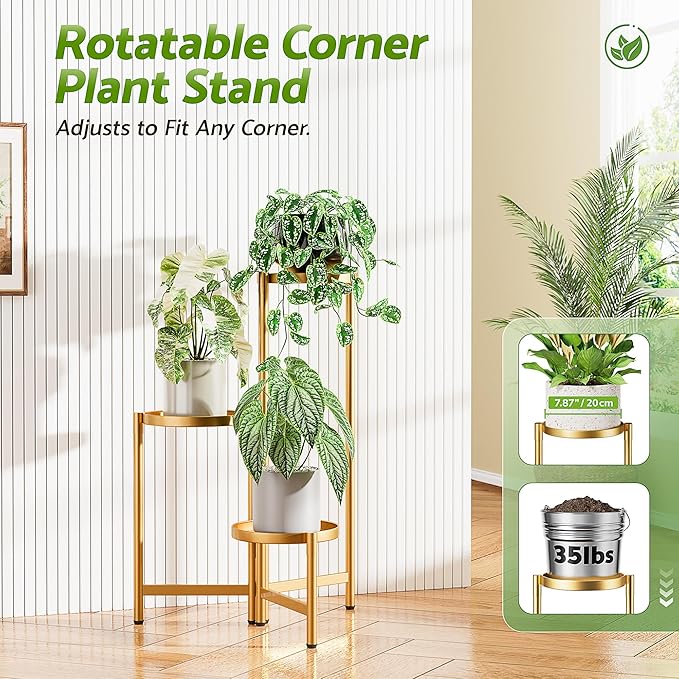 3 Tiered Plant Stand Indoor for Multiple Large Planter, Tall Heavy Duty Adjustable Folding Rack with Rustproof 7.9 Inch Wide Tray, Gold Plant Shelf for Corner Living Room - GoldDisk