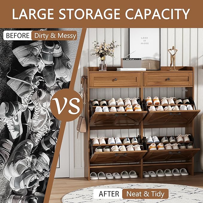 Shoe Cabinet with 4 Flip Drawers & 2 Top Drawers, 43" Tall Freestanding Narrow Wooden Shoe Storage Organizer for Entryway, Hidden Slim Shoe Rack for Front Door Entrance, Hallway, Living Room, Walnut