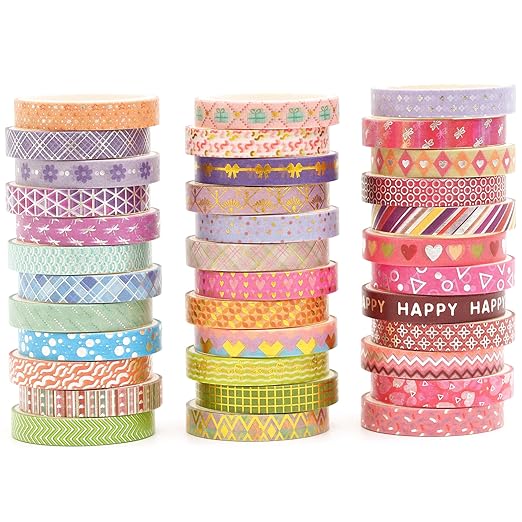 Songdao 36 Rolls Skinny Washi Tape Set Gold Foil Detailing Arts Adhesive Tapes Basic Patterns Decorative Masking Tape Sets for Craft, Kids, Scrapbook, DIY, Gift Wrapping (Kawaii)