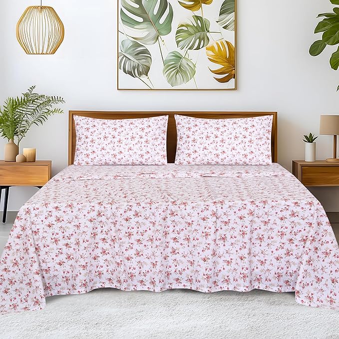 RUVANTI 100% Cotton King Size Sheets Set, 4 Pieces, Soft & Breathable Percale Weave Bedding, Deep Pocket 16", Hotel Standard, Crisp Cool Feel, Durable, Perfect Floral Bed Sheet, Bouquet