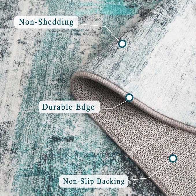 5x7 Area Rugs - Ultra-Thin Washable Rug with Non-Slip Backing, Ideal for Living Room, Bedroom, Kitchen Floor Carpet - Modern Abstract Style, Easy Clean, Durable, Low Pile Teal