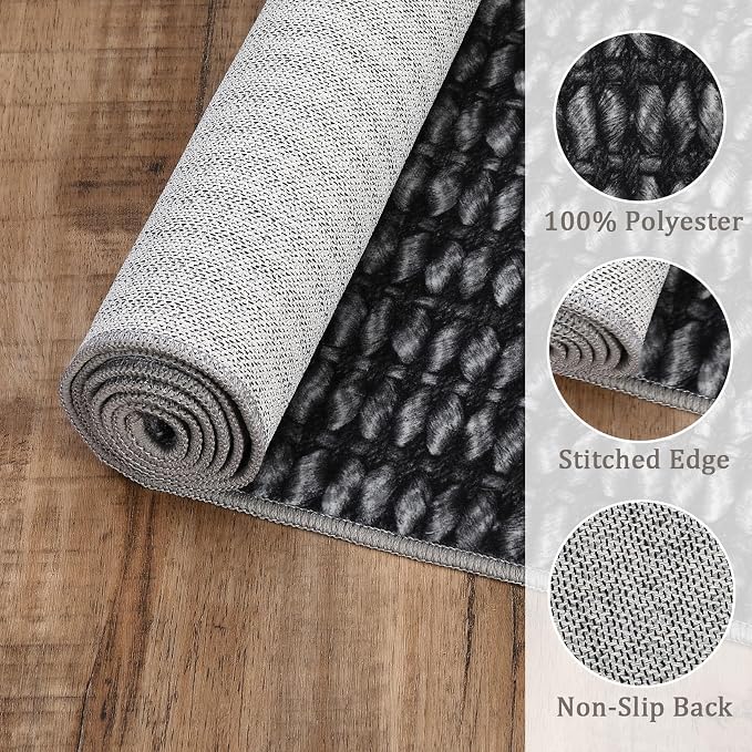 9x12 Area Rug Washable Modern Braided Rug for Living Room Low Pile Soft Bedroom Rugs Non Slip Modern Indoor Large Carpet Thin Foldable Distressed Woven Print Carpet for Nursery Dining Playroom, Black