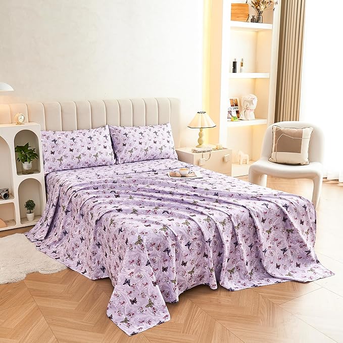 Softan Floral Twin Size Sheet Set, Purple Paisley Flower Printed Sheets for Kids Girls, Brushed Microfiber Fitted Sheet with 15" Deep Pocket & Non-Slip Straps, Butterfly Patterned Sheets