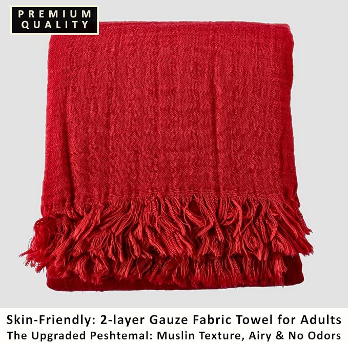 PÜSKÜL - Premium 2-Piece Oversized Muslin Bath Towel for Adult 35x70 Extra Large Bath Sheets | Natural 100% Turkish Cotton Soft Absorbent Quick-Dry Lightweight Spa & Beach Towels (Pack of 2, Red)