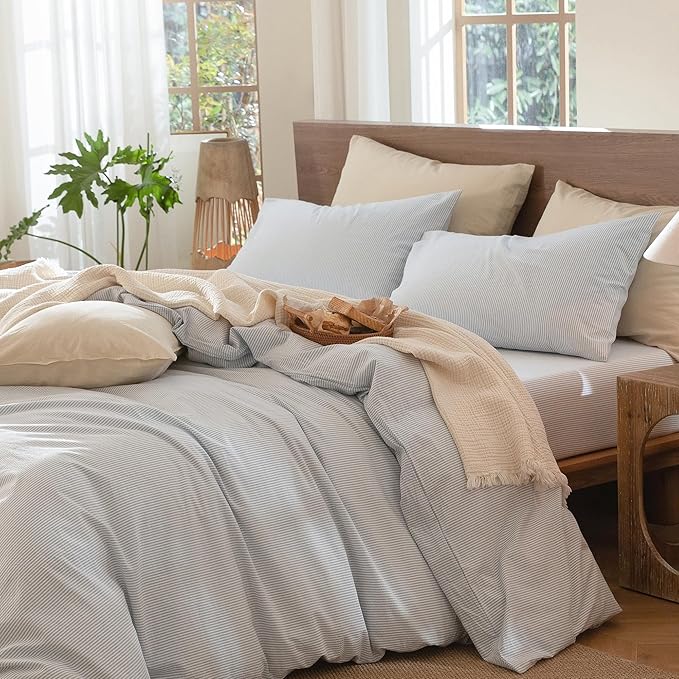 MooMee Striped Duvet Cover Set 100% Washed Cotton Linen Like Textured Breathable Durable Soft Comfy (Cornflower Blue White Pinstripes, Twin 68"x90")