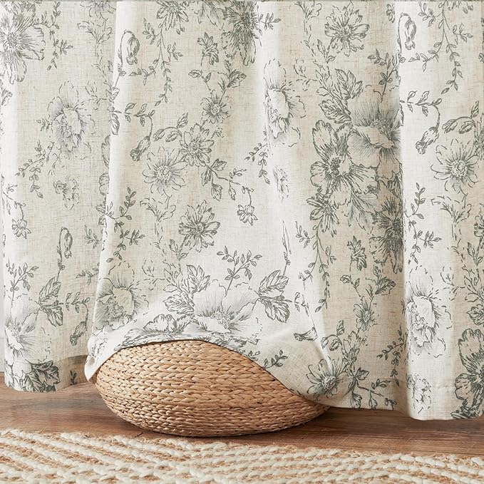 jinchan Lined Linen Blend Curtain Floral Curtains for Living Room 63 Inch Length Grey Peony Flower Printed Curtain Back Tab Farmhouse Patterned Drapes Bedroom Window Curtains Set 2 Panels