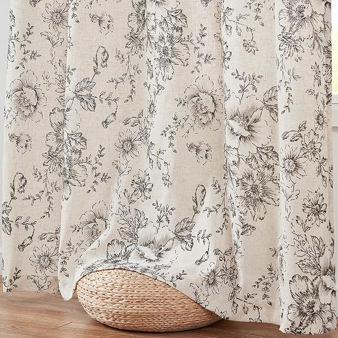 jinchan Pinch Pleated Curtains Floral Linen Blend Curtains for Living Room 63 Inch Length Black Peony Flower Printed Curtain Rod Pocket Back Tab Farmhouse Pinch Pleat Drapes with Hooks Set 2 Panels