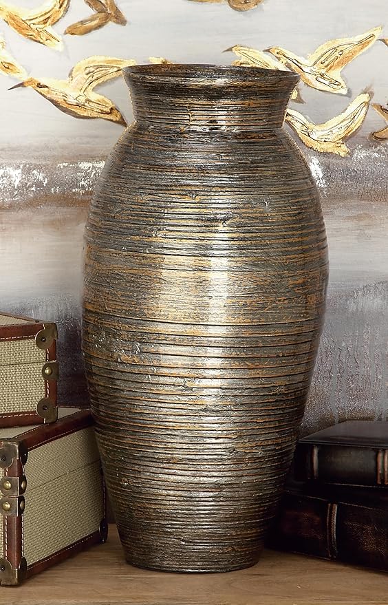 Deco 79 Bamboo Wood Decorative Vase Textured Centerpiece Vase with Lacquer, Vase for Home Decoration 10" x 10" x 20", Brown