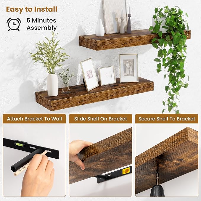 Fun Memories Floating Shelves Set of 2, 24 Inch Floating Shelves for Wall, Wood Wall Shelves with Invisible Brackets, for Bathroom, Bedroom, Living Room, Kitchen, Rustic Brown