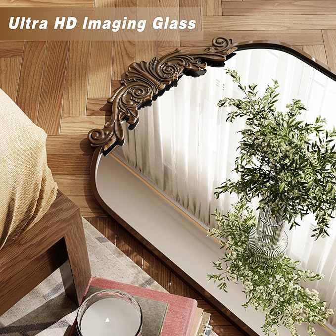 VooBang Vintage Arched Bathroom Mirror, 24x36 Inch Retro Wall Mounted Vanity Mirror with Carved Pattern Top and Metal Frame, Antique Decorative Mirror for Hanging or Leaning