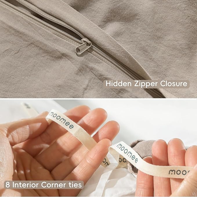 MooMee Bedding Duvet Cover Set 100% Washed Cotton Linen Like Textured Breathable Durable Soft Comfy (Heathered Taupe, Super King 108"x98")