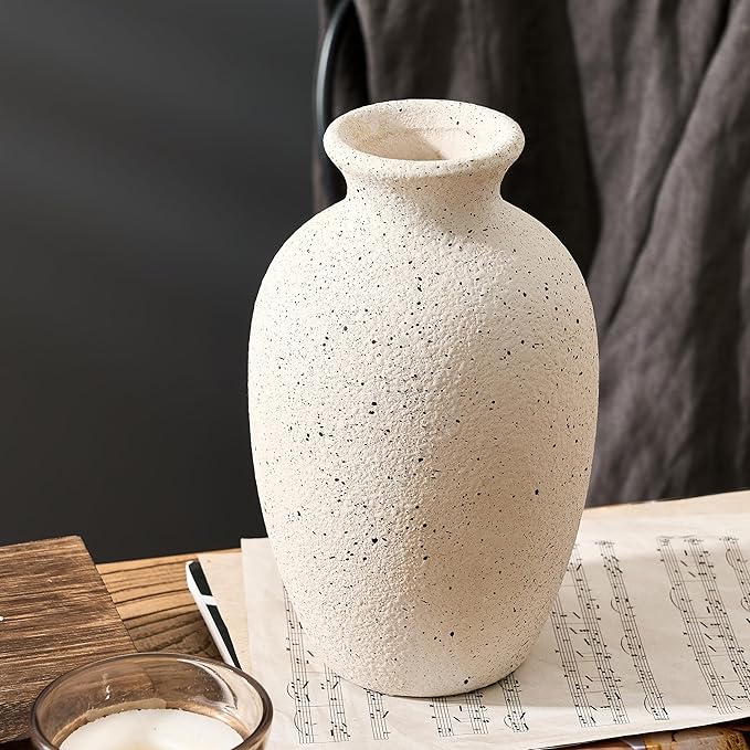 Ceramic Rustic Flower Vase, 8.38 Inch Vintage Pottery Home Decor, Antique Farmhouse Terracotta Vase for Living Room, Table, Shelf, Mantel Decoration, Farmhouse - Cream-White