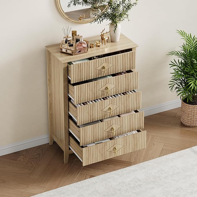 GarveeHome Fluted Dresser for Bedroom, 42.9" Tall 5-Drawer Wood Dresser, Modern Chest of Drawers, Storage Organizer Cabinet for Living Room, Hallway, Entryway, Natural Oak
