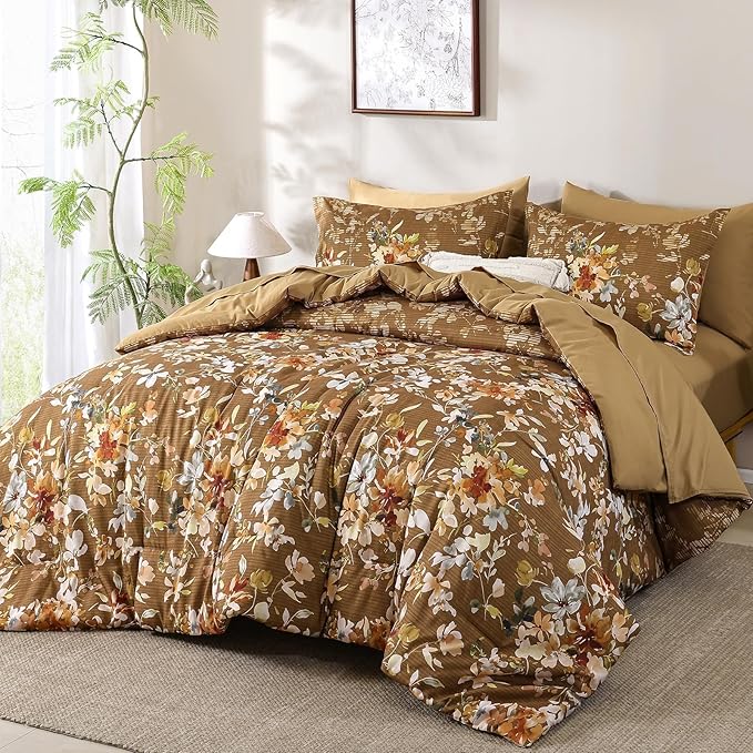 Dobuyly Fall King Size Comforter Set, 7 Pieces Brown Floral Comforter Set, Bed in a Bag King with Botanical Flowers Pattern, Farmhouse Bedding Set with Sheets, Pillowcases & Shams