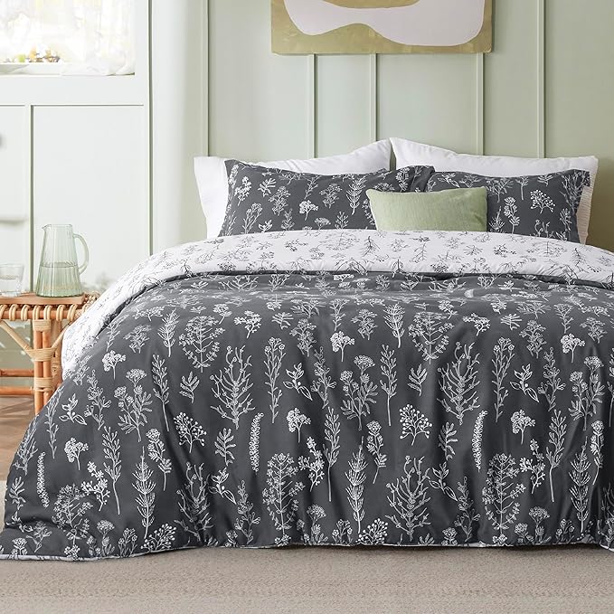 Bedsure Duvet Cover King Size - Reversible Dark Grey King Duvet Cover Set with Zipper Closure, 3 Pieces Floral Patterned Bedding Set with 8 Corner Ties and 2 Pillow Shams