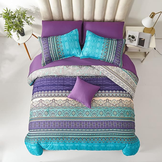 Cottolester Boho Comforter Set Full Size 8 Piece Bed in a Bag Bohemian Striped Bedding Quilt Set Aqua Paisley Floral Comforter and Sheet Set,Soft Microfiber Complete Bedding Sets for All Season