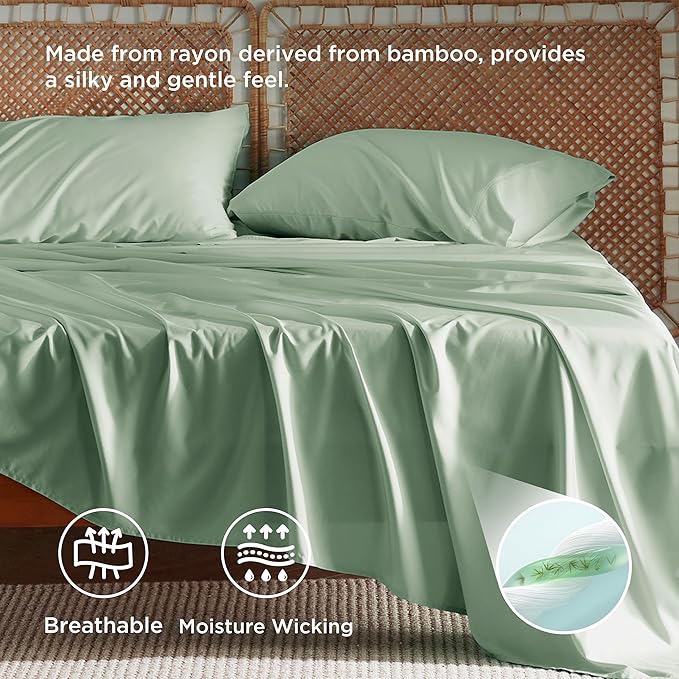 Bedsure King Size Sheets Set, Cooling Sheets for Hot Sleepers, Rayon Derived from Bamboo, Breathable & Soft, Deep Pocket Up to 16 Inches, Hotel Luxury Silky Bedding, Sage Green